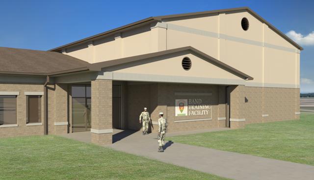 Exterior view of the main entrance to the new Band Training Facility at Ft. Bragg.